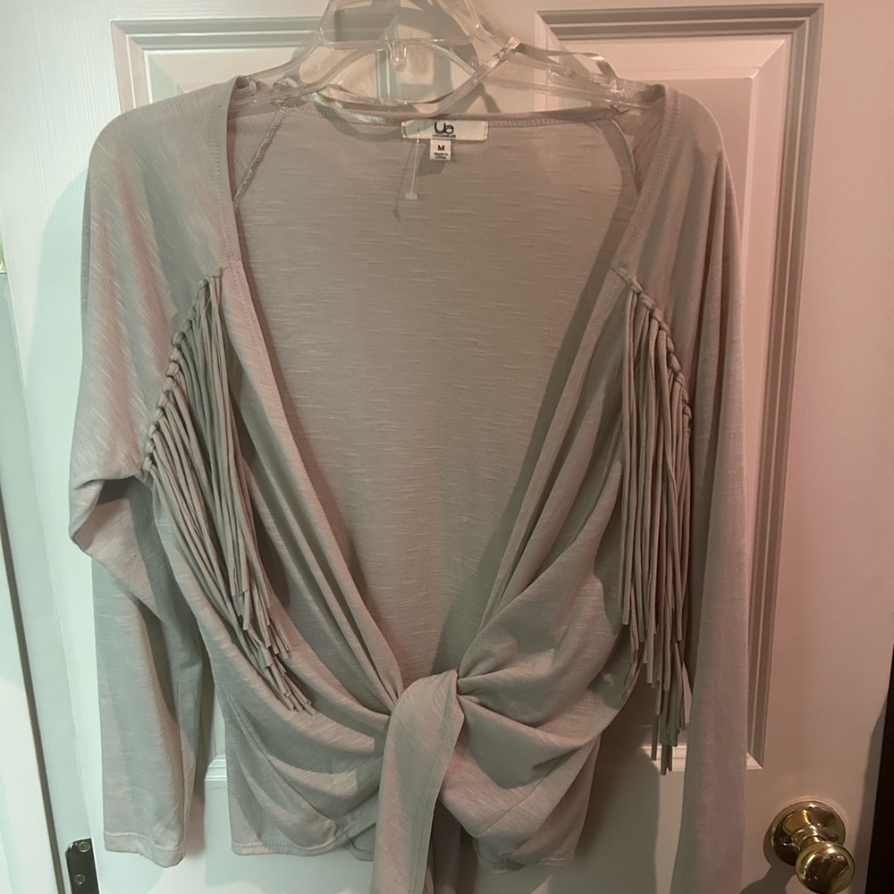 Ya Los Angeles Fringe Tie-Front Jacket in Tan